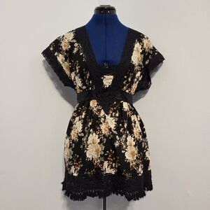 Black Silk Blend Floral Babydoll Peasant Shirt Size S